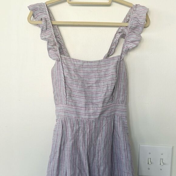 Anthropologie  Elevenses Linen Nantucket Ruffle Square Neck Wide Leg Jumpsuit 4 - Picture 3 of 10